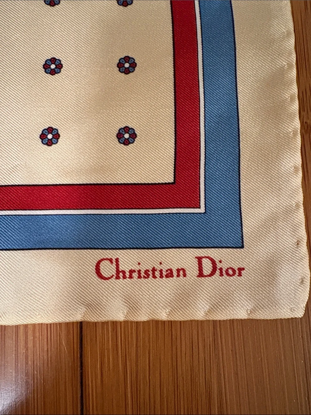 Dior Vintage Cream Silk Pocket Square with Blue and Red Border 15” X 15”